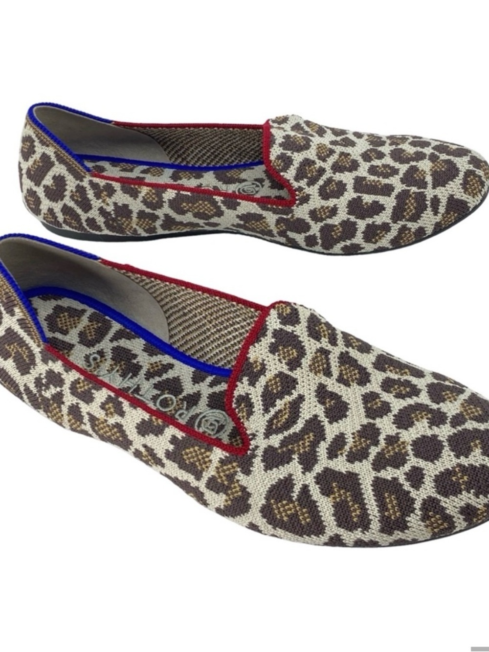 Rothy's Leopard Print Flats with Red Trim and Blue Lining